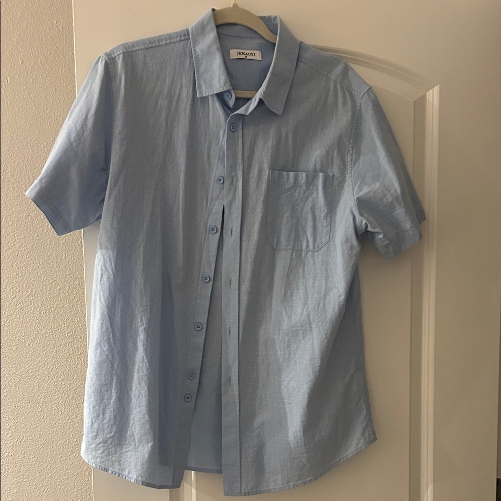 Jekaoyi Light Blue/Peach/Navy Casual Button Down Shirt